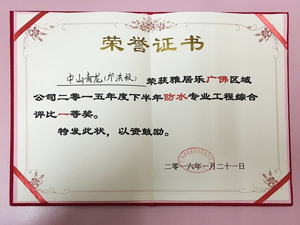 鄺洪根團(tuán)隊(duì)榮獲雅居樂2015年度下半年防水工程綜合評比一等獎(jiǎng) 防水材料