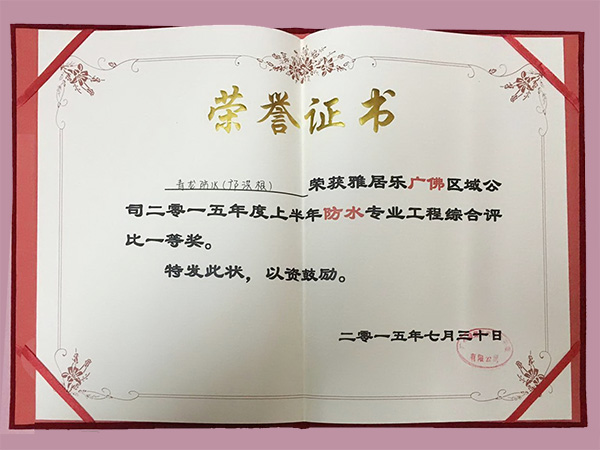 鄺洪根團(tuán)隊(duì)榮獲雅居樂2015年度上半年防水工程綜合評比一等獎(jiǎng) 防水材料